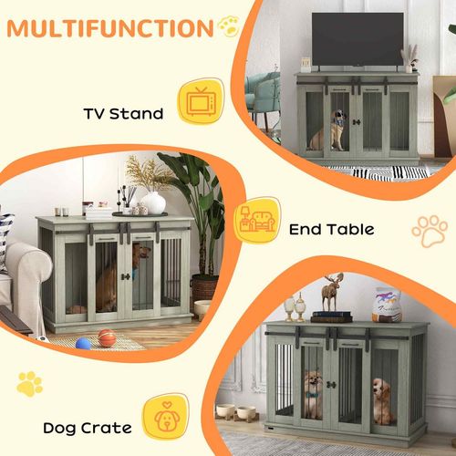 PawHut Dog Crate Furniture for Large Dogs, Double Dog Cage for Small Dogs, Grey