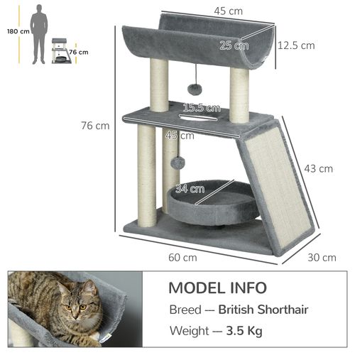 Cat Tree Tower for Indoor Cats w/ Scratching Posts, Pad, Light Grey, Toy Ball