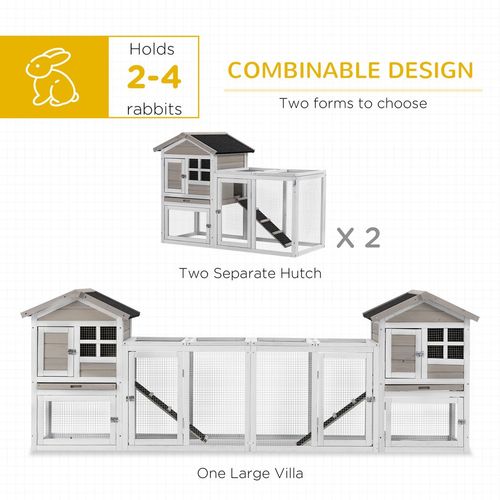 2-In-1 Wooden Rabbit Hutch w/ Double House, Run Box, Slide-Out Tray, Ramp