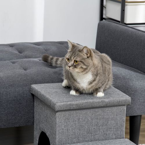 PawHut 3 Step Dog Steps for Bed w/ Cat House Storage Boxes for Sofa Grey