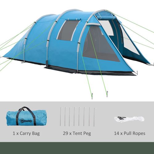 3-4 Persons Tunnel Tent, Two Room Camping Tent w/ Windows, Blue