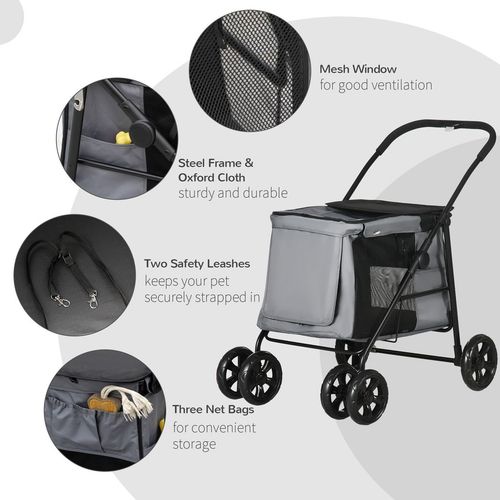 PawHut One-click Foldable Pet Stroller w/ Mesh Windows, for Small Pets - Grey