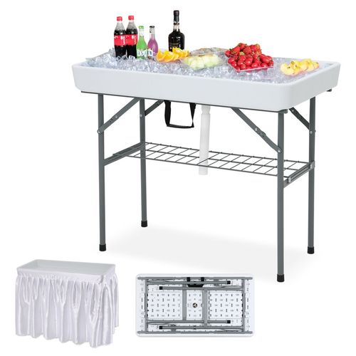 Ice Table with Drain, Folding Ice Cooler Drinks Table with Skirt, Ice Serving Buffet Bar for Party, BBQ, Camping, Garden, Folding Sink Fish/Food Cleaning Table