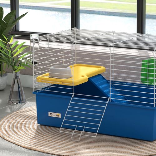 PawHut Small Animal Cage, Rabbit Guinea Pig Hutch, Pet Playhouse, Blue