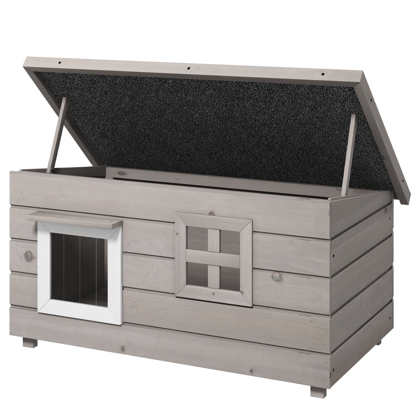 Pawhut Wooden Cat House Outdoor with Openable Top, Asphalt Roof, Window Grey